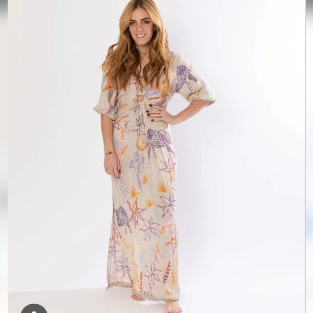 Z&L EUROPE V-neck Tie Up Open Back Bell Sleeves Trimmed 54"Long Maxi Dress M